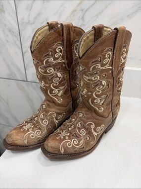 Kids Brown Embroidered Western Boots - Brand Unknown